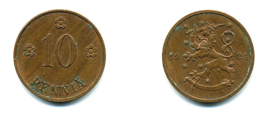Финляндия 10 пенни 1924 республика (1918-1962) KM 24 медь 46-1211