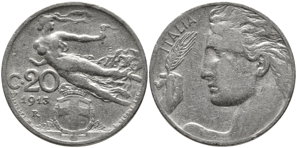 Италия 20 чентезимо 1913 R, Виктор Эммануил III (1900-1946) KM 44 никель 4175-732