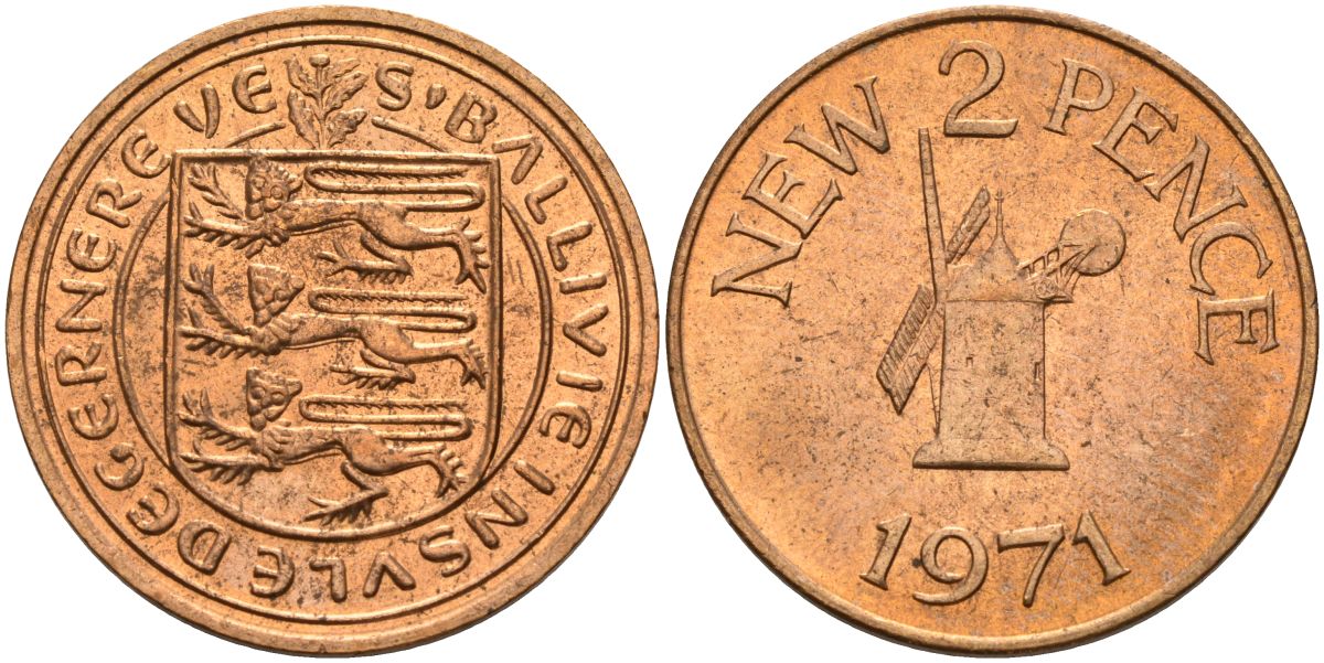 Гернси 2 пенса 1971 Елизавета II (1952-2022), ветряная мельница KM 22 бронза 4153-714