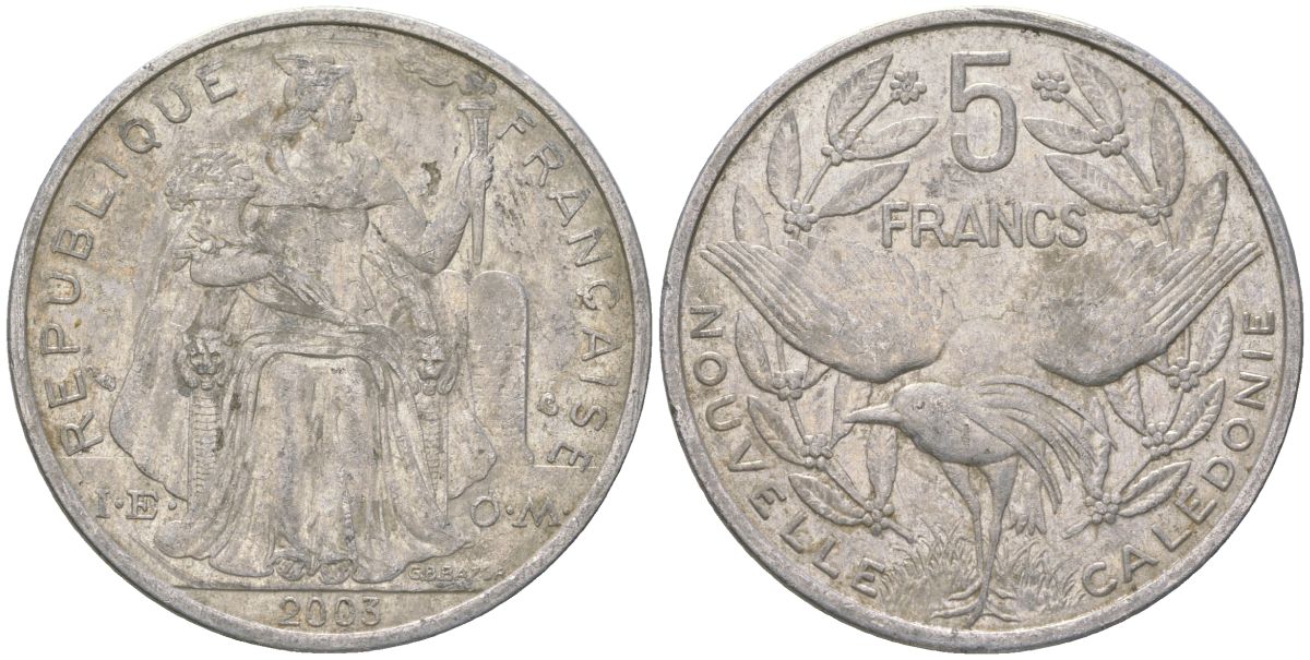 Французская Новая Каледония 5 франков 2003 птица кагу, (IEOM) KM 16, Schoen 12, Lec 81h алюминий 189-1132