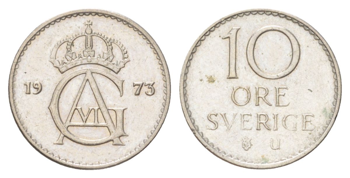 Швеция 10 эре 1973 U, Густав VI Адольф (1950-1973) KM 835 медно-никель aUNC 4627-853