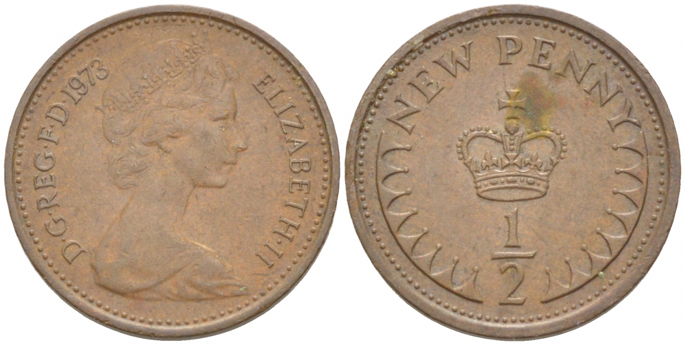 Великобритания 1/2 пенни 1973 Елизавета II (1952-2022) KM 914, Spink 4239 бронза 112-1245