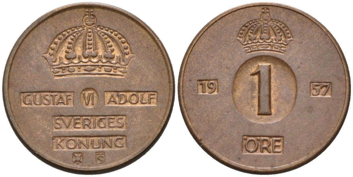 Швеция 1 эре 1957 Густав VI Адольф (1950-1973) KM 820 бронза 4580-1057