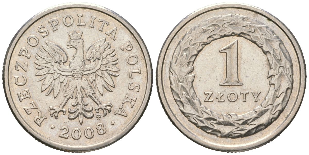 Польша 1 злотый 2008 MW, редкий год KM 282 медно-никель aUNC 4566-313