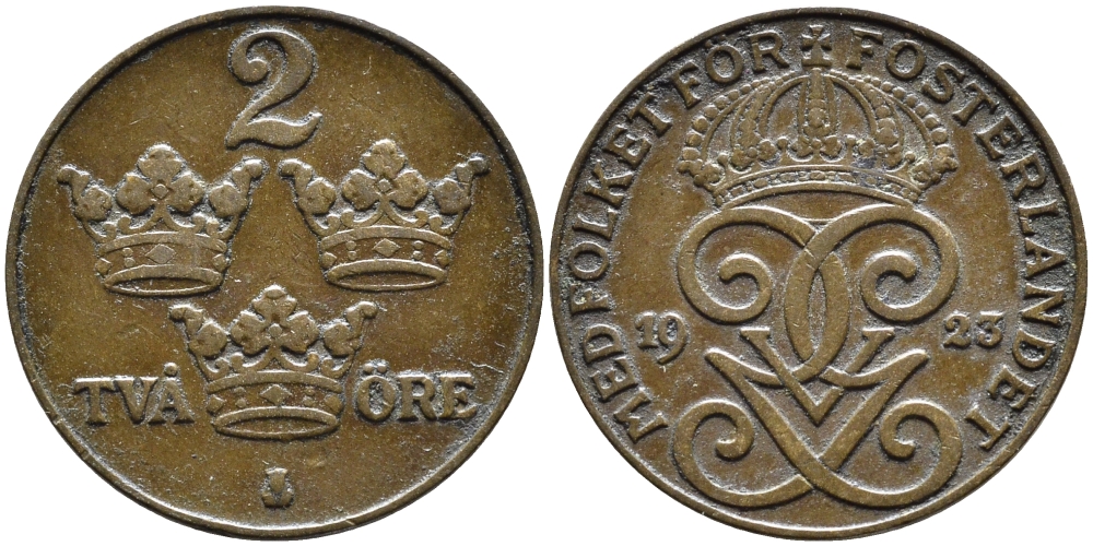 Швеция 2 эре 1923 Густав V (1907-1950), редкий год KM 778 бронза 80-554