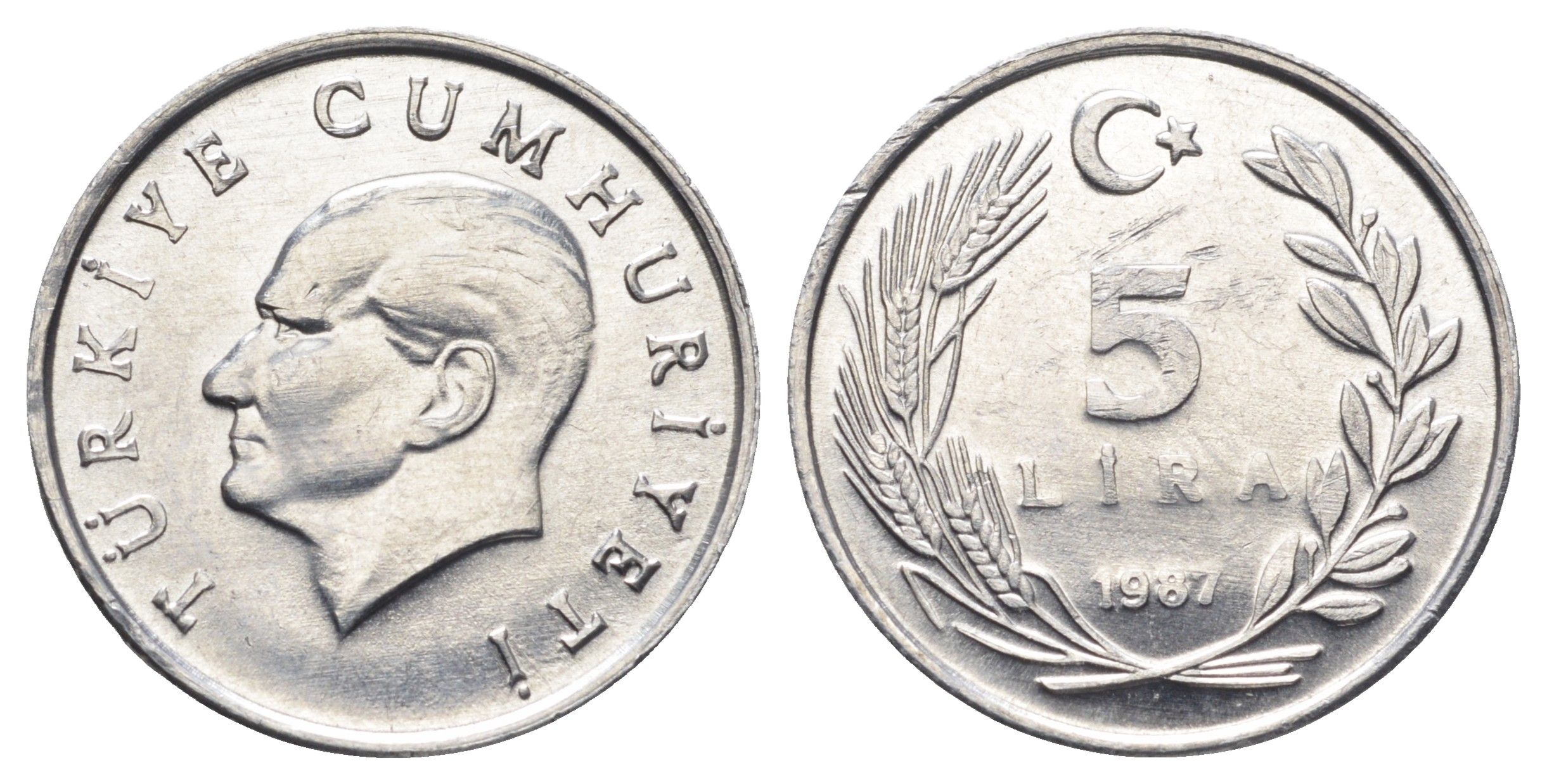 Турция 5 лир 1987 редкий год, Кемаль Ататюрк KM 963 алюминий UNC 4656-1052