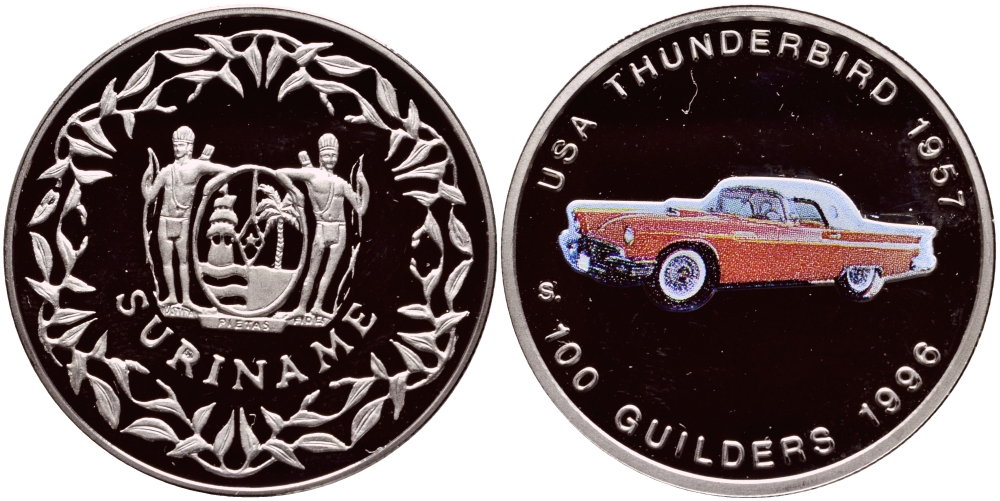 Суринам 100 гульденов 1996 США, Thunderbird 1957, эмаль KM 47 медно-никель PROOF 1524-711