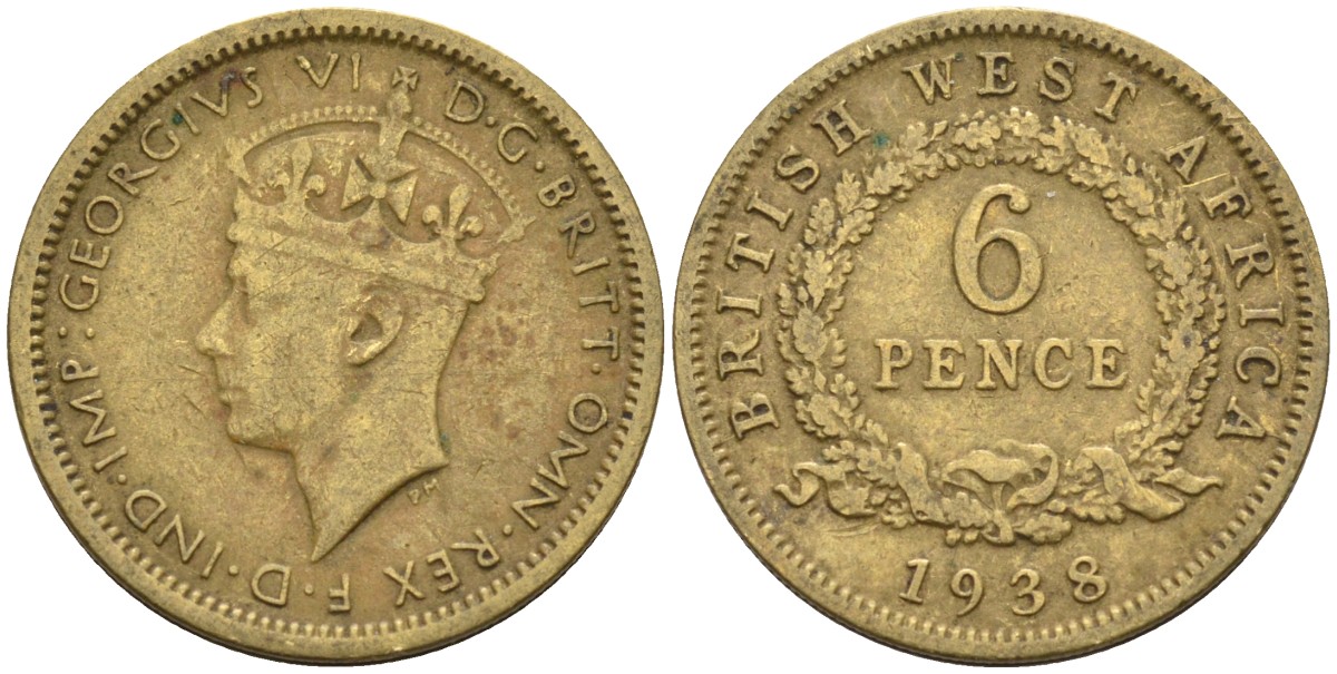 Британская Западная Африка 6 пенсов 1938 Георг VI (1936-1952) KM 22 никель-латунь 4588-653
