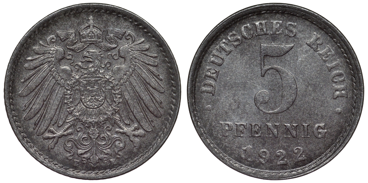 Германия 5 пфеннигов 1922 E KM 19, J. 297, Weege 5 железо 4118-1247