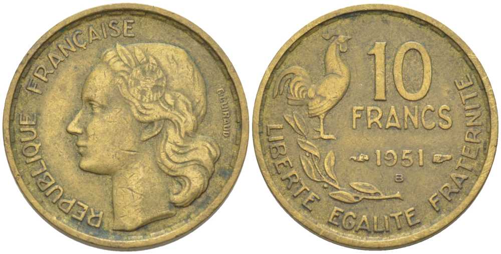 Франция 10 франков 1951 B, петух KM 915.2, Le Franc 363.5 алюминиевая бронза 175-636
