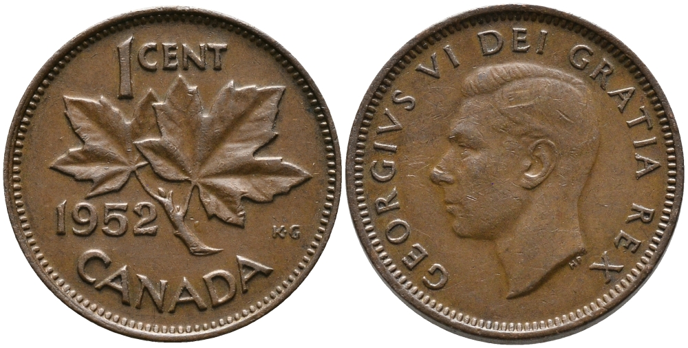 Канада 1 цент 1952 Георг VI (1937-1952), кленовый лист KM 41 бронза 08-1315