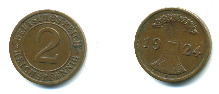 ГЕРМАНИЯ 2 РЕЙХСПФЕННИГА 1924 Е KM 38, J. 314 бронза 4381-447