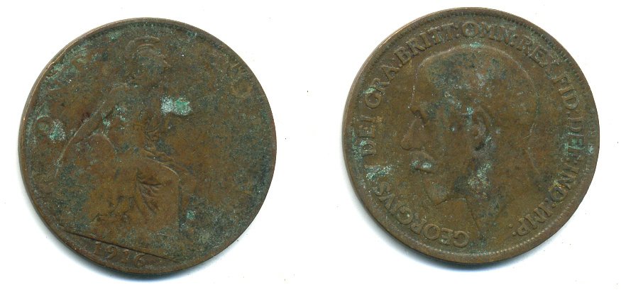 Великобритания 1 пенни 1916 Георг V (1910-1936) КМ 810, Spink 4051 бронза 41-124