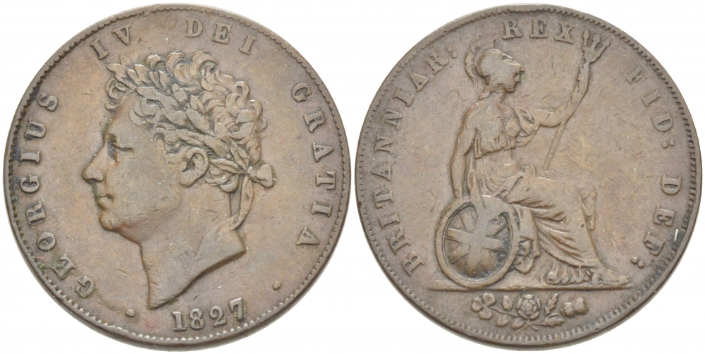 Великобритания 1/2 пенни 1827 Георг IV (1820-1830) KM 692, Spink 3824 медь 1515-2212