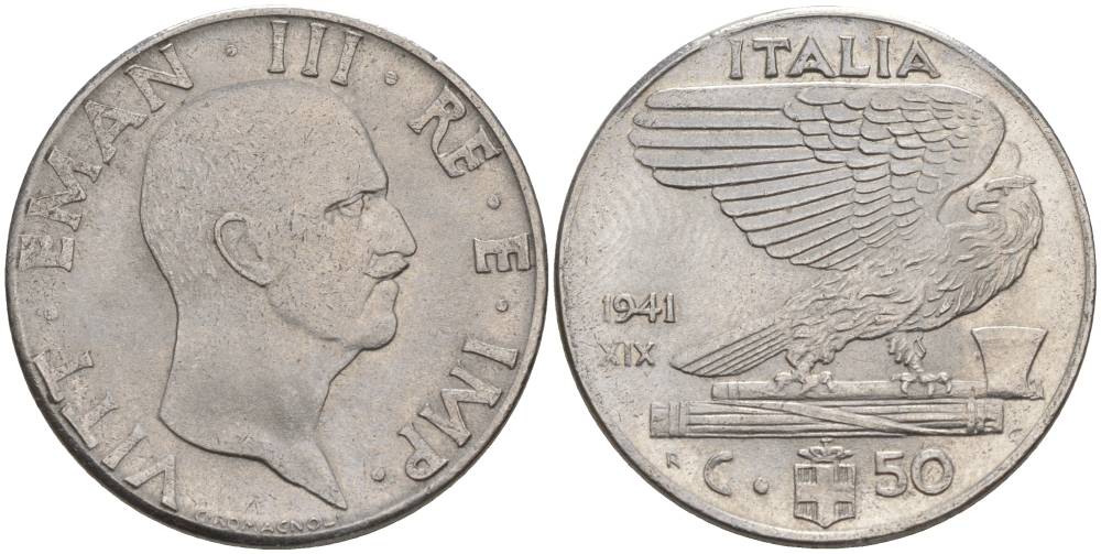 ИТАЛИЯ 50 ЧЕНТЕЗИМО 1941 R, ГОД XIX, ВИКТОР ЭММАНУИЛ III (1900-1946) KM 76b, VEM3. 1063 нержавеющая сталь 3853-343