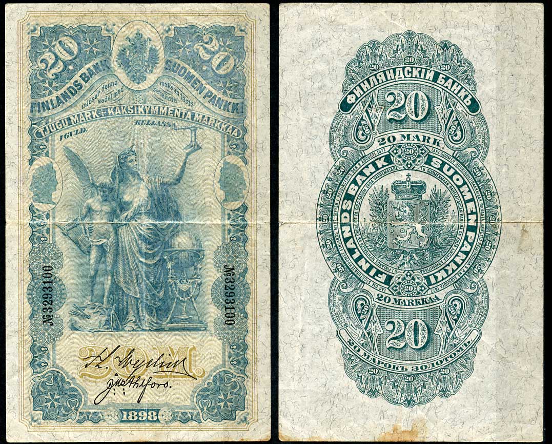 Россия для Финляндии 20 марок золотом 1898 Финляндский банк. Член правления Wegelius. Кассир Ahlfors. Pick 5 a  бумага  00-00