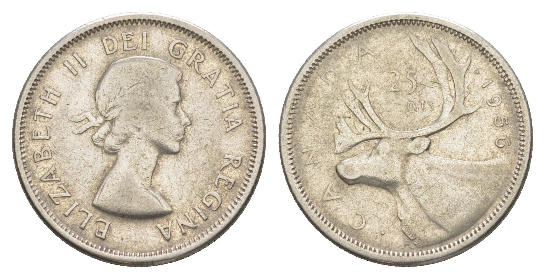 Канада 25 центов 1956 Елизавета II (1952-2022), олень KM 52 серебро 4631-857