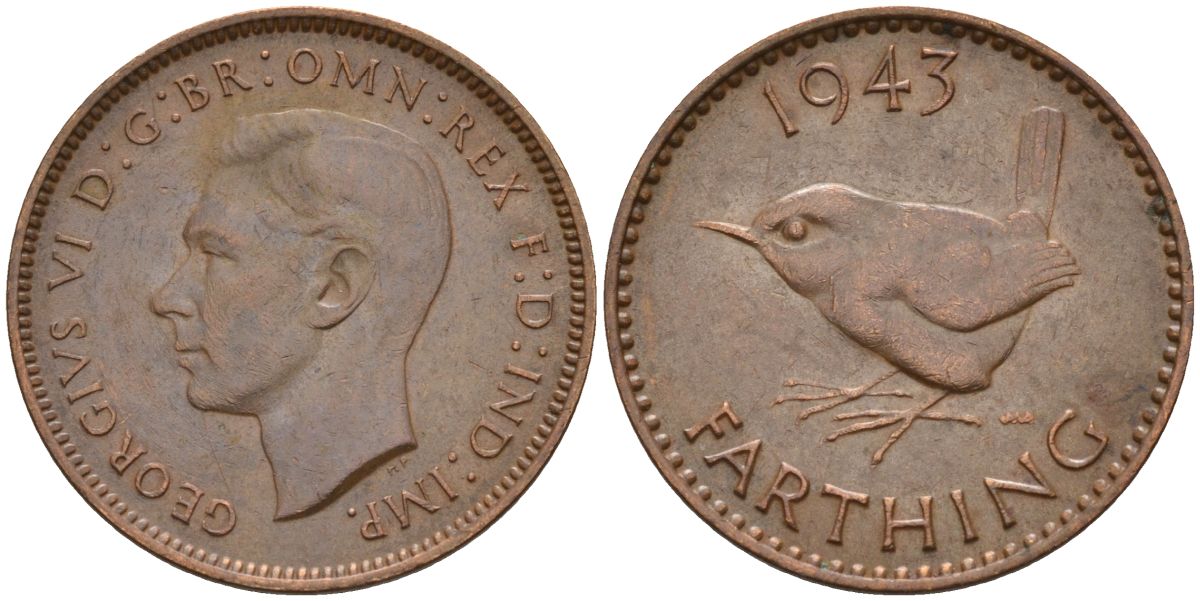 Великобритания 1 фартинг 1943 Георг VI (1936-1952) KM 843, Spink 4116 бронза 4154-257