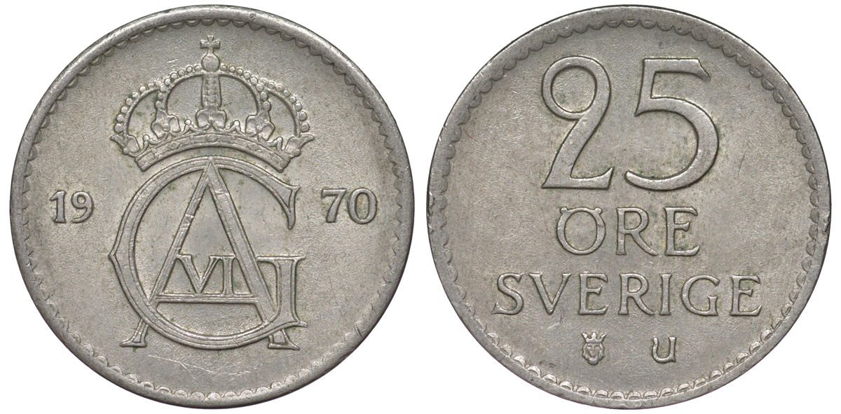 Швеция 25 эре 1970 Густав VI Адольф (1950-1973) KM 836 медно-никель 45-426