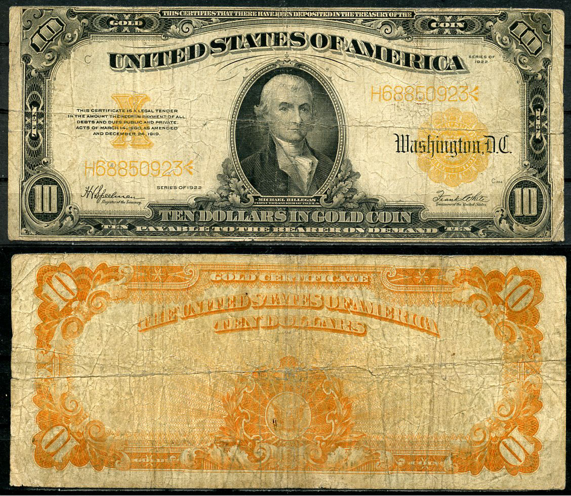 США 10 долларов 1922 Майкл Хиллегас, золотой сертификат, большая серия Pick 274 (1)  бумага   451-325-1-2
