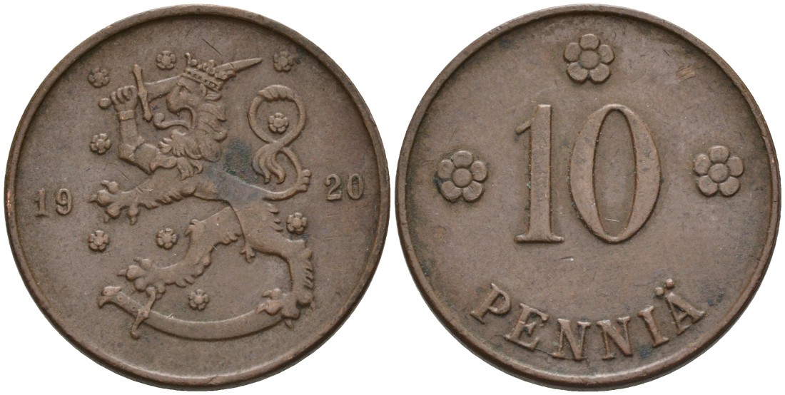 Финляндия 10 пенни 1920 республика (1918-1962) KM 24 медь 4563-611