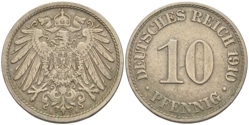 ГЕРМАНИЯ 10 ПФЕННИГОВ 1910 A KM 12, J. 13 медно-никель 31-1056