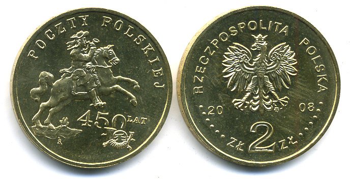 Польша 2 злотых 2008 450 лет польской почтовой службе KM 656 латунь UNC M6-11