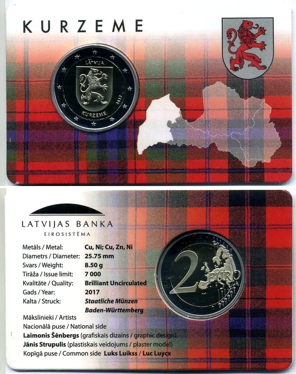 Латвия 2 евро 2017 исторические области Латвии - Курземе, запайка, буклет KM 190 биметалл BUNC 00-000-00