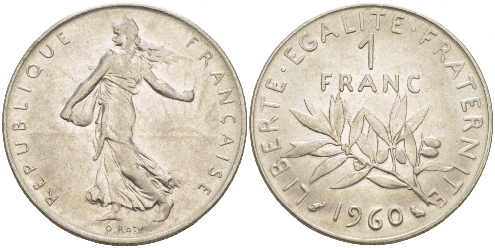 ФРАНЦИЯ 1 ФРАНК 1960 СЕЯТЕЛЬ KM 925.1, LE FRANC 226.4 никель 4523-156
