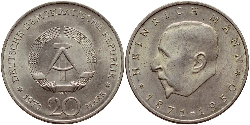 ГДР 20 марок 1971 А, 100 лет со дня рождения Генриха Манна (1871-1950) KM 33, J. 1531 медно-никель aUNC 1523-112