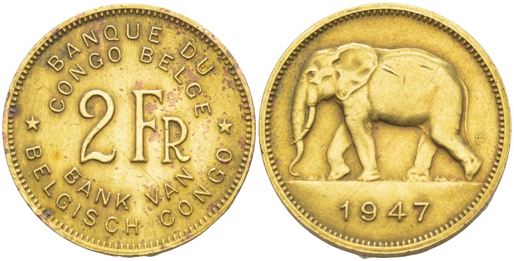 Бельгийское Конго 2 франка 1947 слон KM 28 латунь 4541-1025