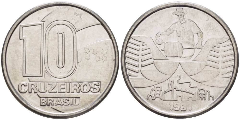 Бразилия 10 крузейро 1990 золотодобыча KM 619.1 нержавеющая сталь 3996-833