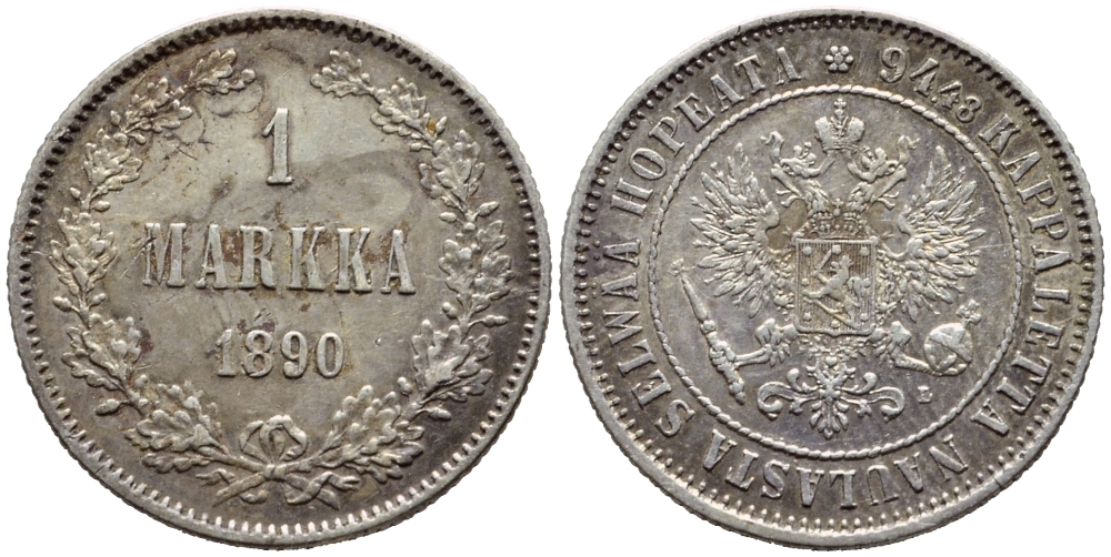 Россия для Финляндии 1 марка 1890 L, Александр III (1881-1894) KM 3.2, Биткин 230 серебро 633-225