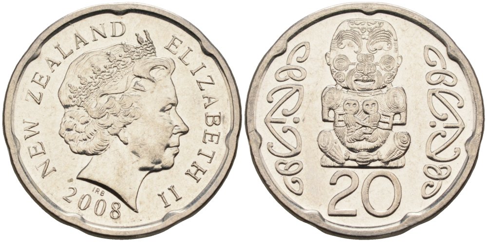 Новая Зеландия 20 центов 2008 Елизавета II (1952-2022), идол Пукаки KM 118а никелированная сталь 4579-1224