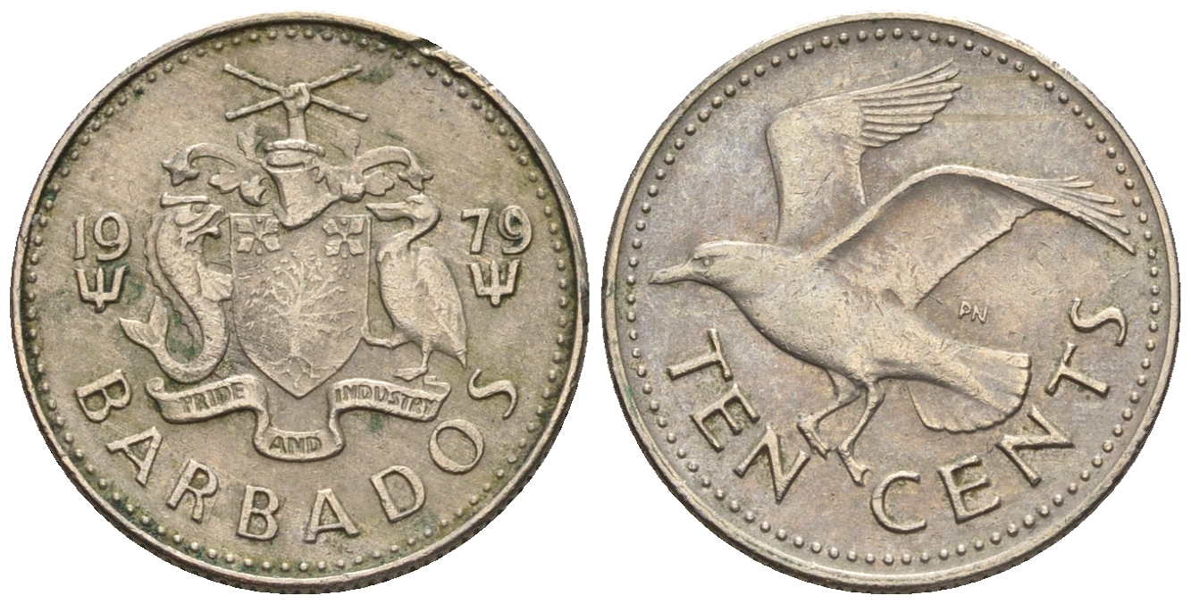 Барбадос 10 центов 1979 смеющаяся (Ацтекская) чайка KM 12 медно-никель 220-926