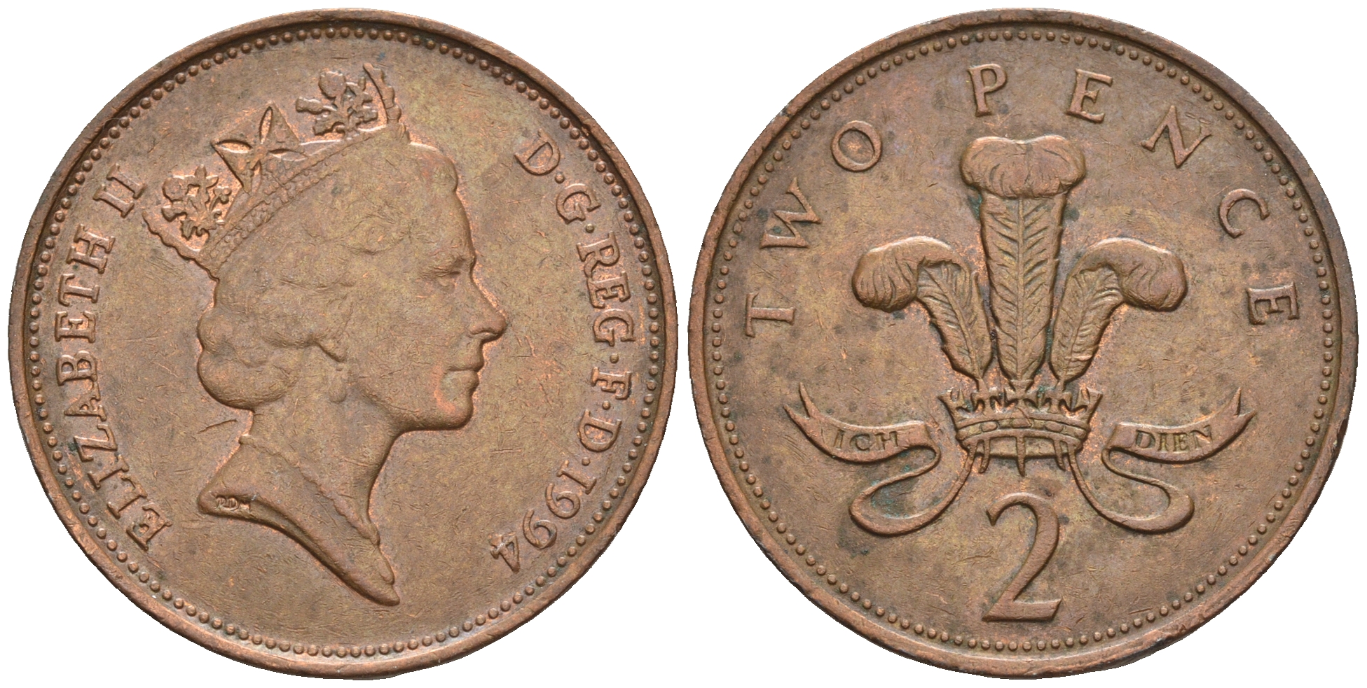 Великобритания 2 пенса 1994 Елизавета II (1952-2022) KM 936а, Spink 4386 (C4) сталь плакированная медью 85-1123