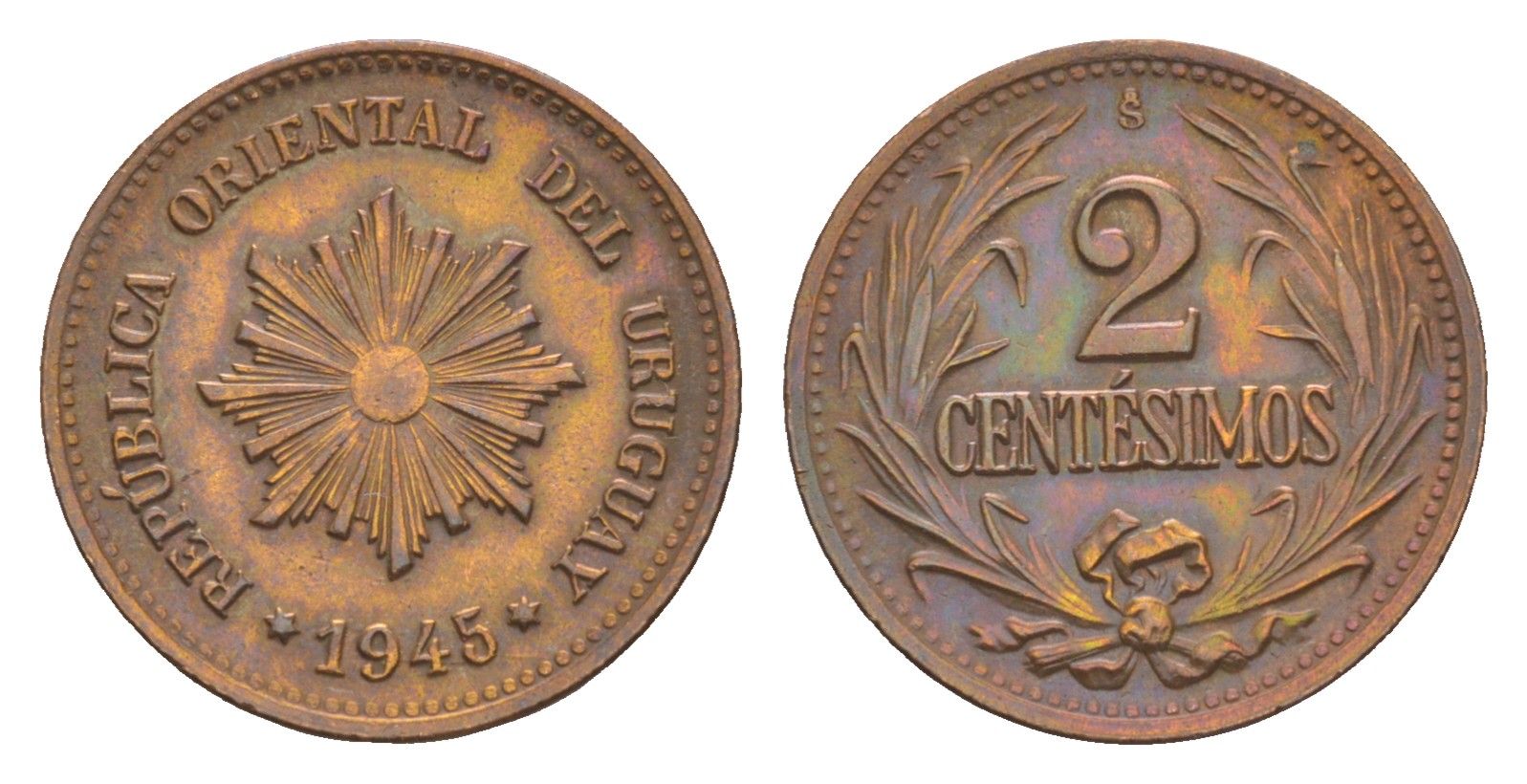 Уругвай 2 сентесимо 1945 KM 20a медь цинк 4649-754