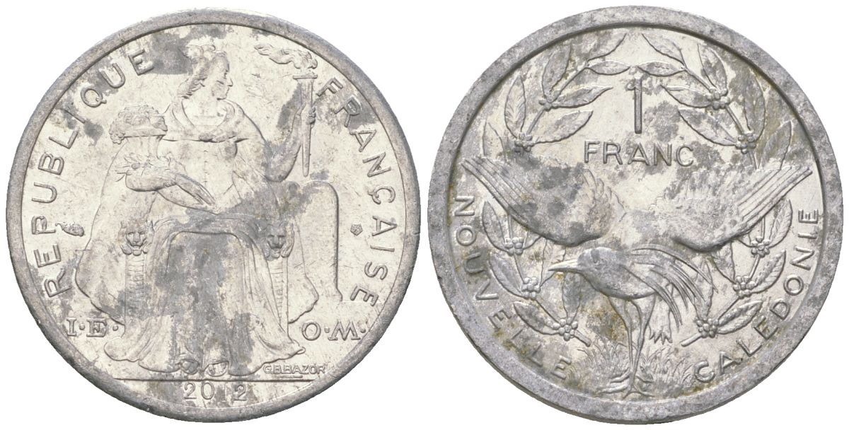 Французская Новая Каледония 1 франк 2012 птица кагу, (IEOM) KM 10, Schoen 10 алюминий 31-342
