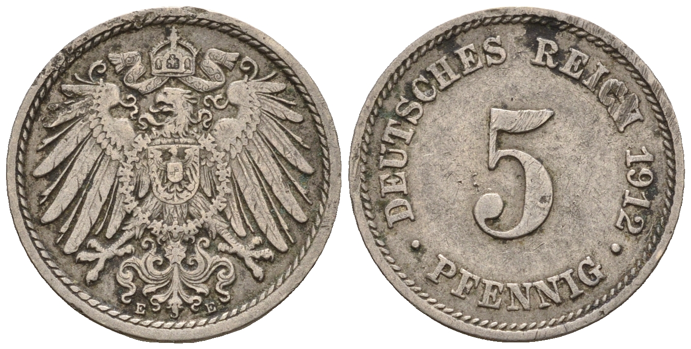 Германия 5 пфеннигов 1912 E, KM 11, J. 12 медно-никель 220-621