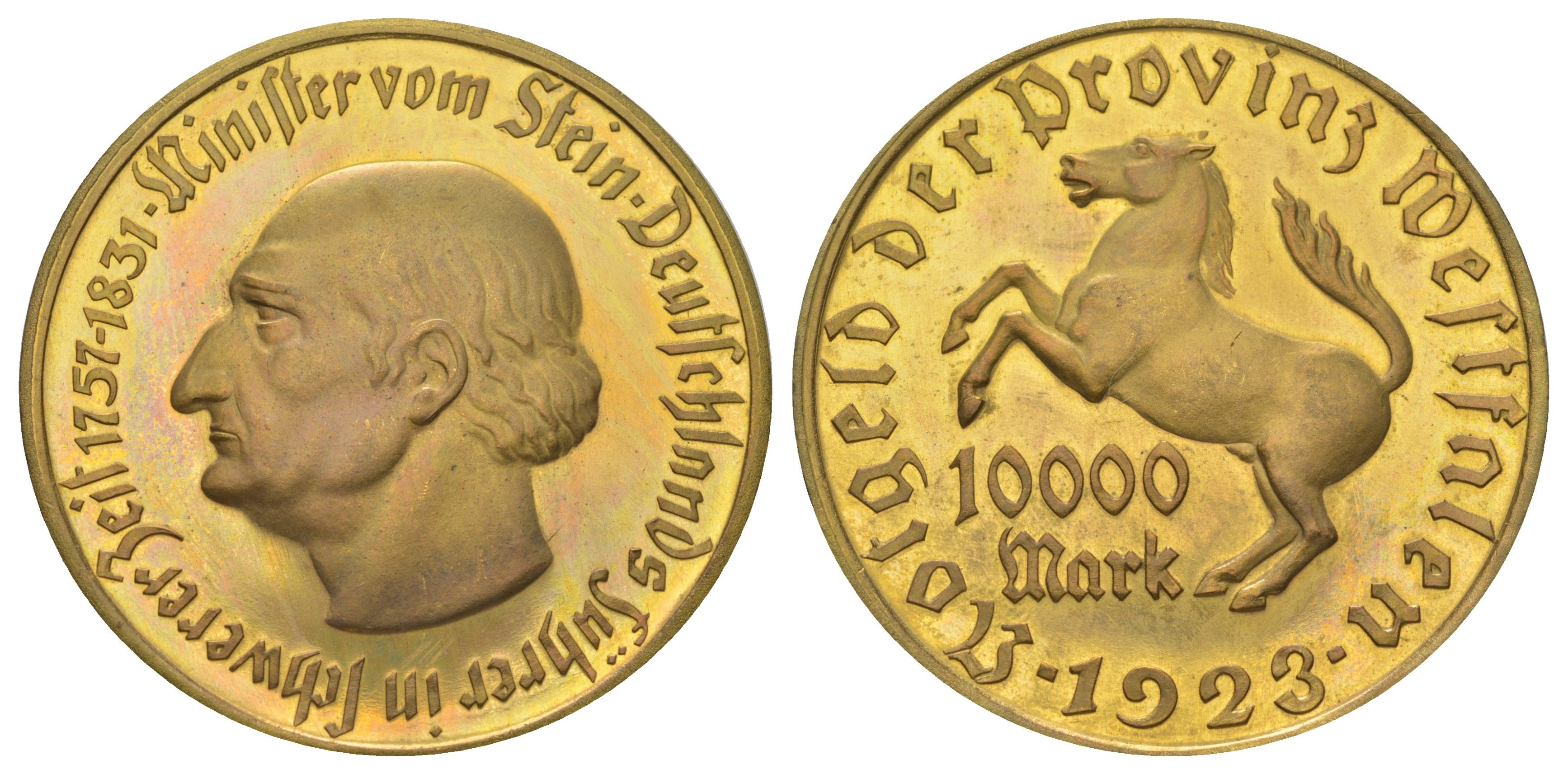 Германия, Вестфалия 10000 марок 1923 Funck 645.7, Jaeger N20a томпак плакированный золотом UNC 1066-4-34