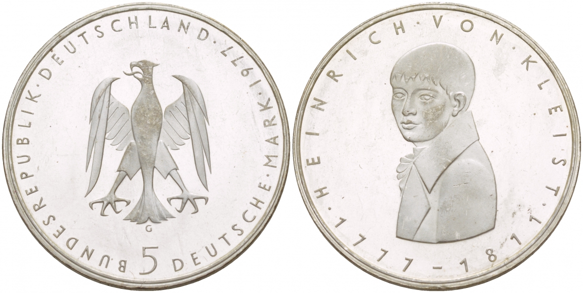 ФРГ 5 марок 1977 G, 200 лет со дня рождения Генриха фон Клейста KM 146, J. 421 серебро UNC 4545-1126