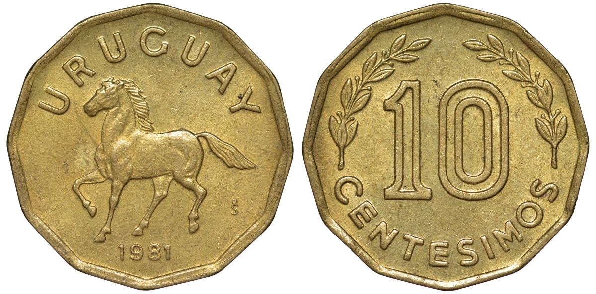 Уругвай 10 сентесимо 1981 KM 66 алюминиевая бронза 4169-546