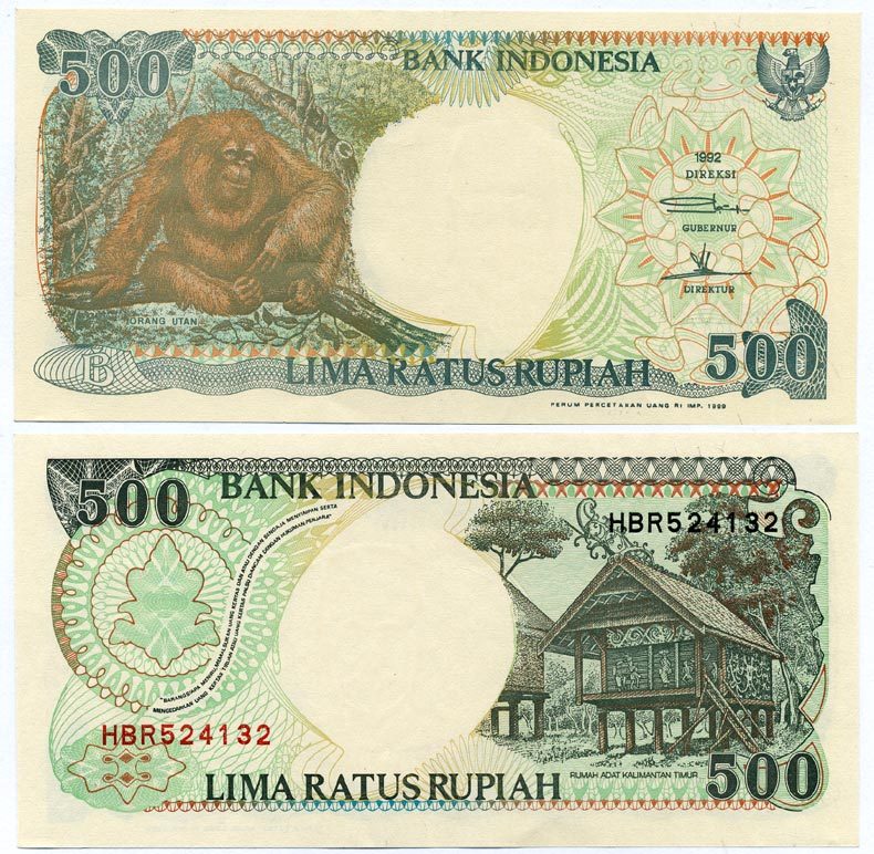 ИНДОНЕЗИЯ 500 РУПИЙ 1992/1999 ОРАНГУТАН, КАЛИМАНТАНСКИЙ ДОМ Pick 128h бумага 7147-1-3-1