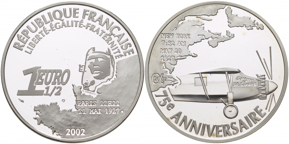 Франция 1 1/2 евро 2002 75 лет перелету Линдберга, Париж - Нью-Йорк, 20 мая 1927 года, самолет KM 1310 серебро PROOF 11-112-11