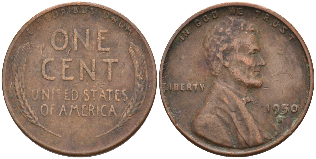 США 1 цент 1950 S, Линкольн KM А132 медь цинк 4115-812