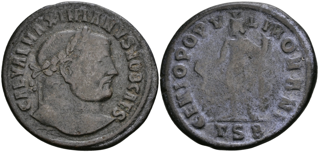 Римская Империя нуммий 298 - 299 Галерий в ранге цезаря GENIO POPVLI ROMANI Фессалоника Very fine RIC 20b бронза 270-931