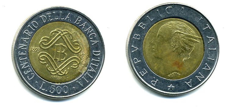 ИТАЛИЯ 500 ЛИР 1993 100 ЛЕТ БАНКУ биметалл 35-557