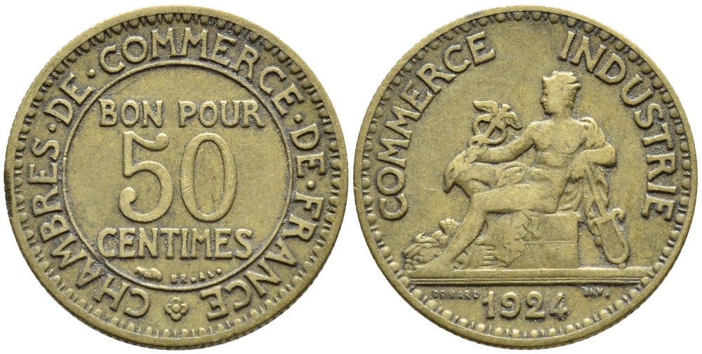 ФРАНЦИЯ 50 САНТИМОВ 1924 KM 834 алюминиевая бронза 4392-737