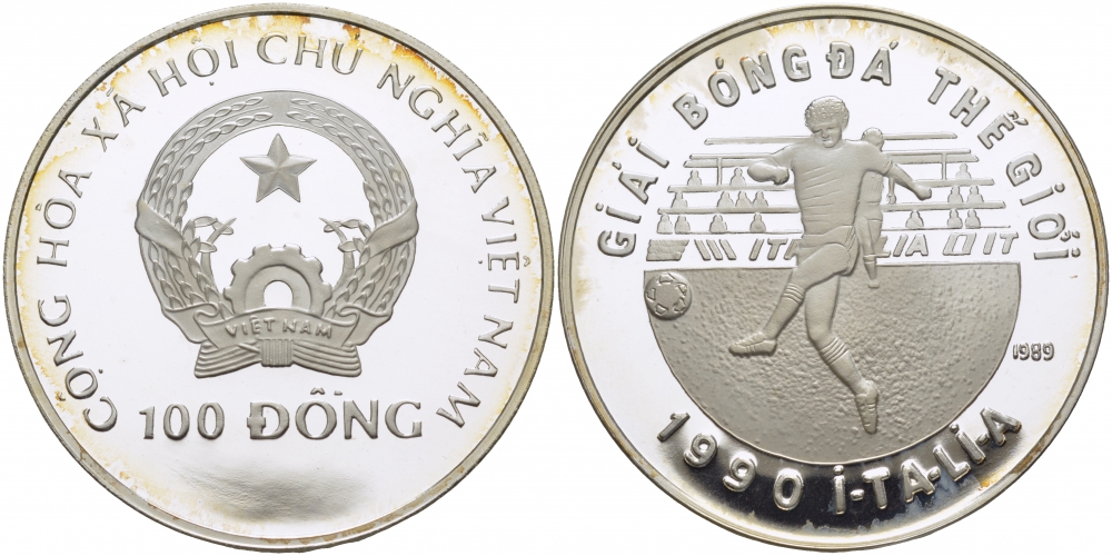 Вьетнам 100 донг 1989 Чемпионат мира по футболу в Италии 1992 года, игрок KM 30 серебро PROOF 1071-10-24
