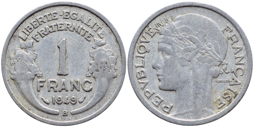 ФРАНЦИЯ 1 ФРАНК 1949 В, ТИП MORLON, LEGERE KM 885a 2, LE FRANC 221.16 алюминий 4397-656